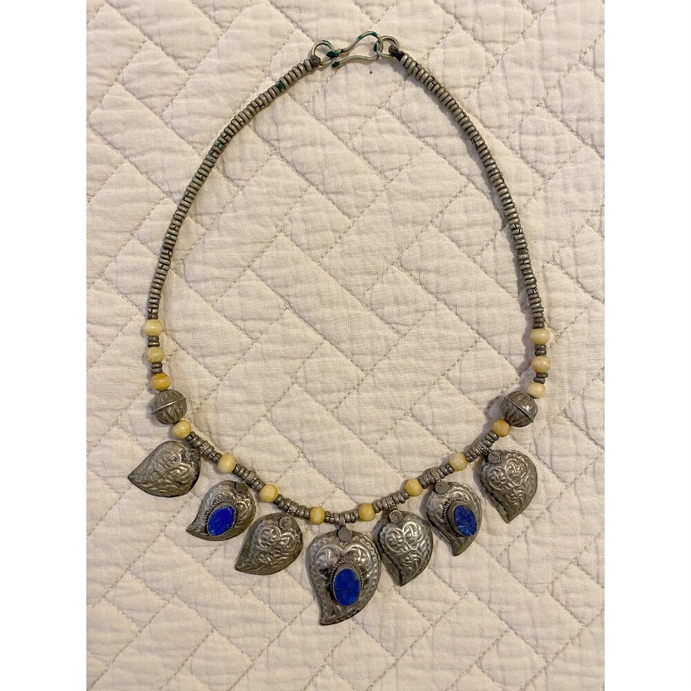 Vintage Beaded Lapis Lazuli Boho Necklace, Blue / Silver, 18 in.